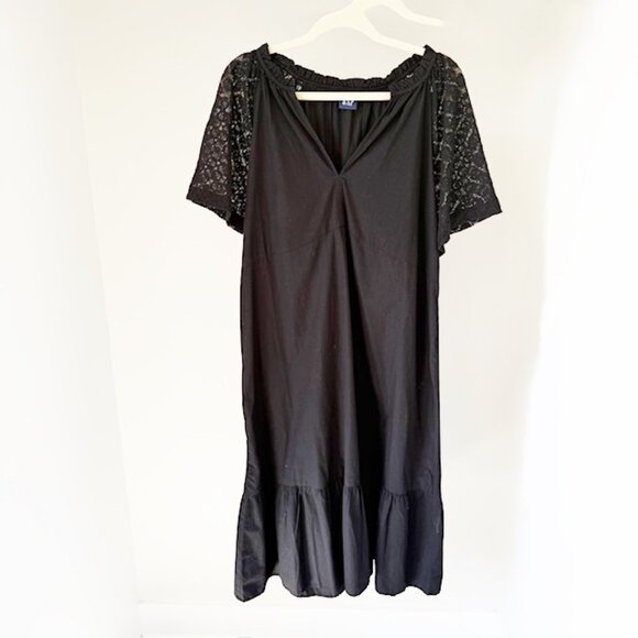 Gap Cotton Poplin Midi Dress with Lace Short Sleeves, Black, Size Large - Picture 1 of 4